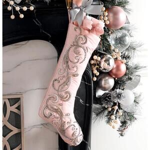 NEW Neiman Marcus Blush Pink Beaded Christmas Stocking Luxury Holiday Decor